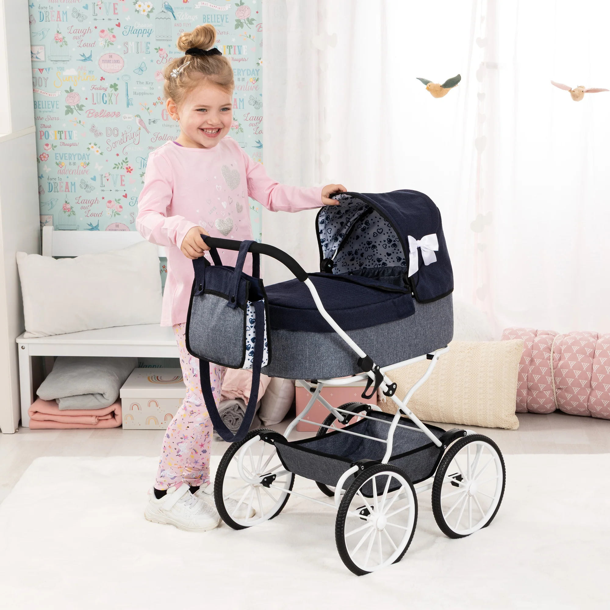 Bayer Design Classic Doll Pram Navy & Grey For Dolls Up To 18 Inches - Image 2