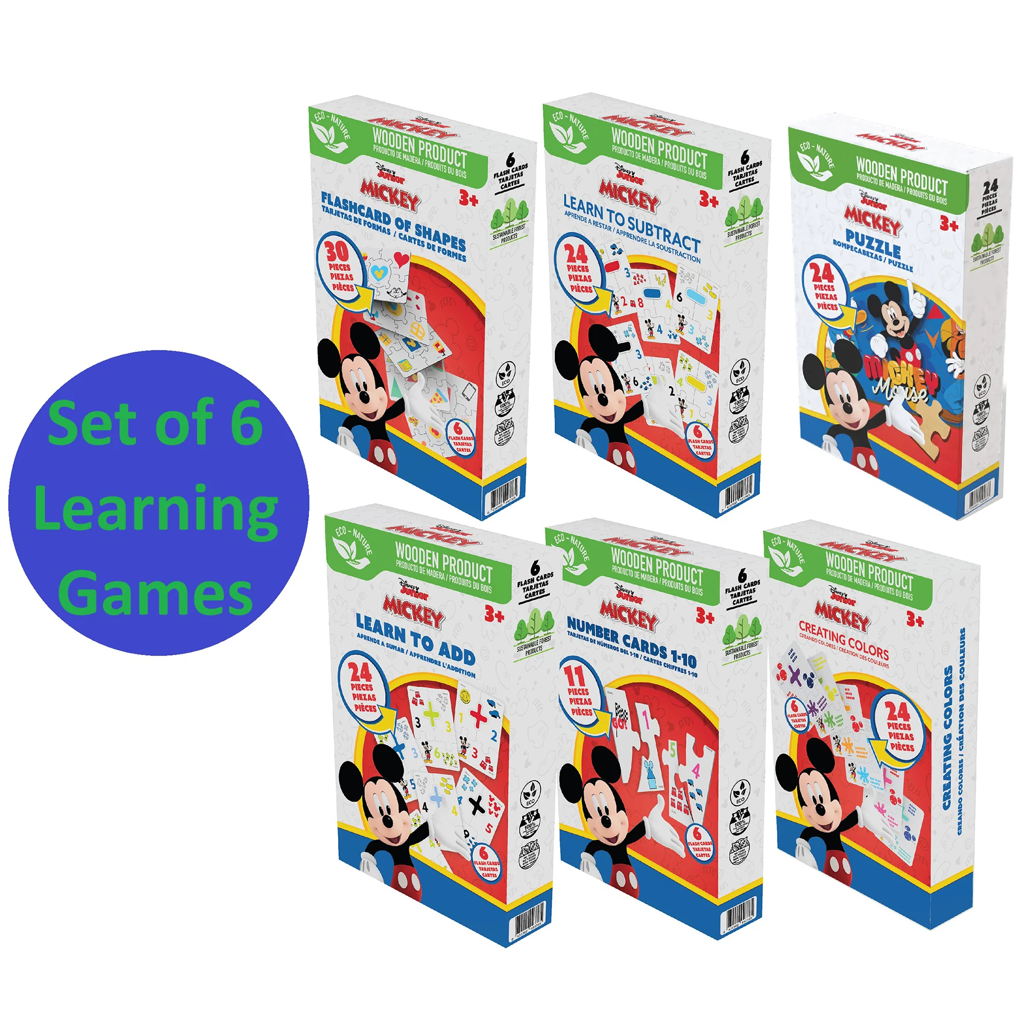 Disney Mickey Mouse 6-In-1 Wooden Learning Games Set With Bilingual Flashcards - Image 2