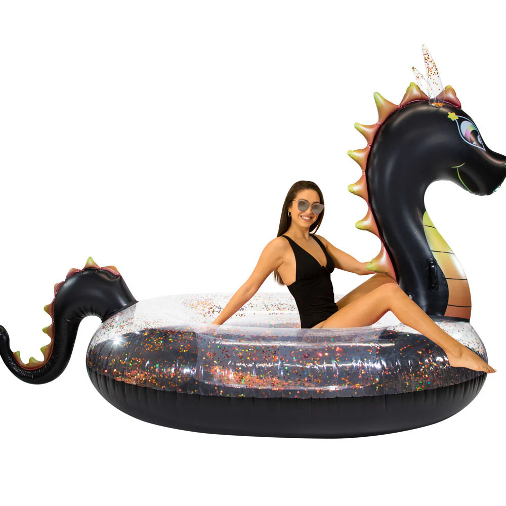 PoolCandy Gigantic Glitter Dragon Inflatable Raft - 120" x 54", Black & Red