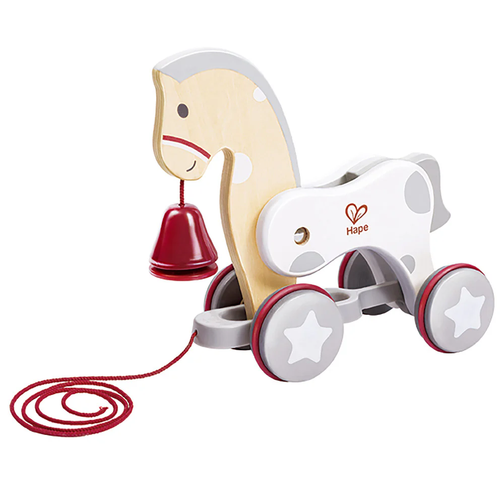 Hape Pull Along Pony Toy - White & Red with Bell