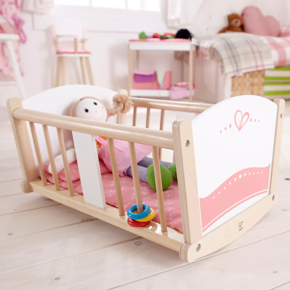 Hape Rock-A-Bye Baby Doll Cradle, Pink & White - Wooden Doll Cradle Playset - Image 2