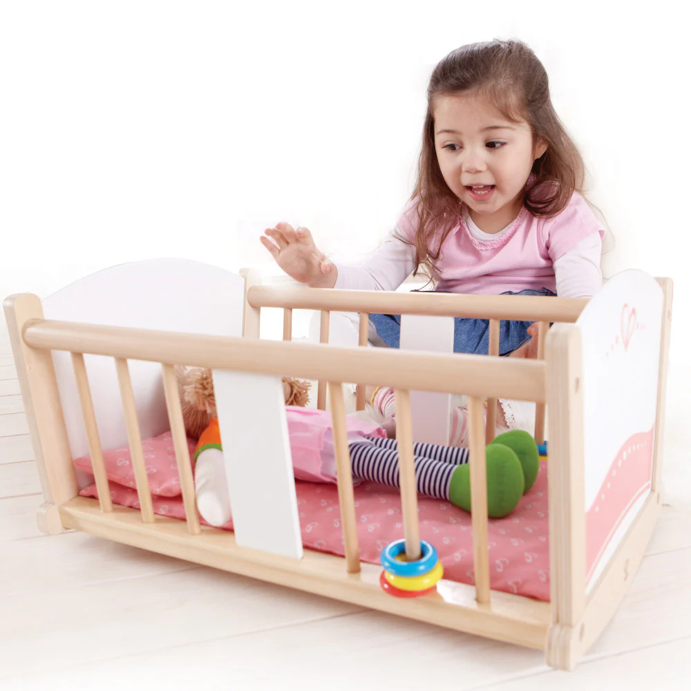 Hape Rock-A-Bye Baby Doll Cradle, Pink & White - Wooden Doll Cradle Playset - Image 3