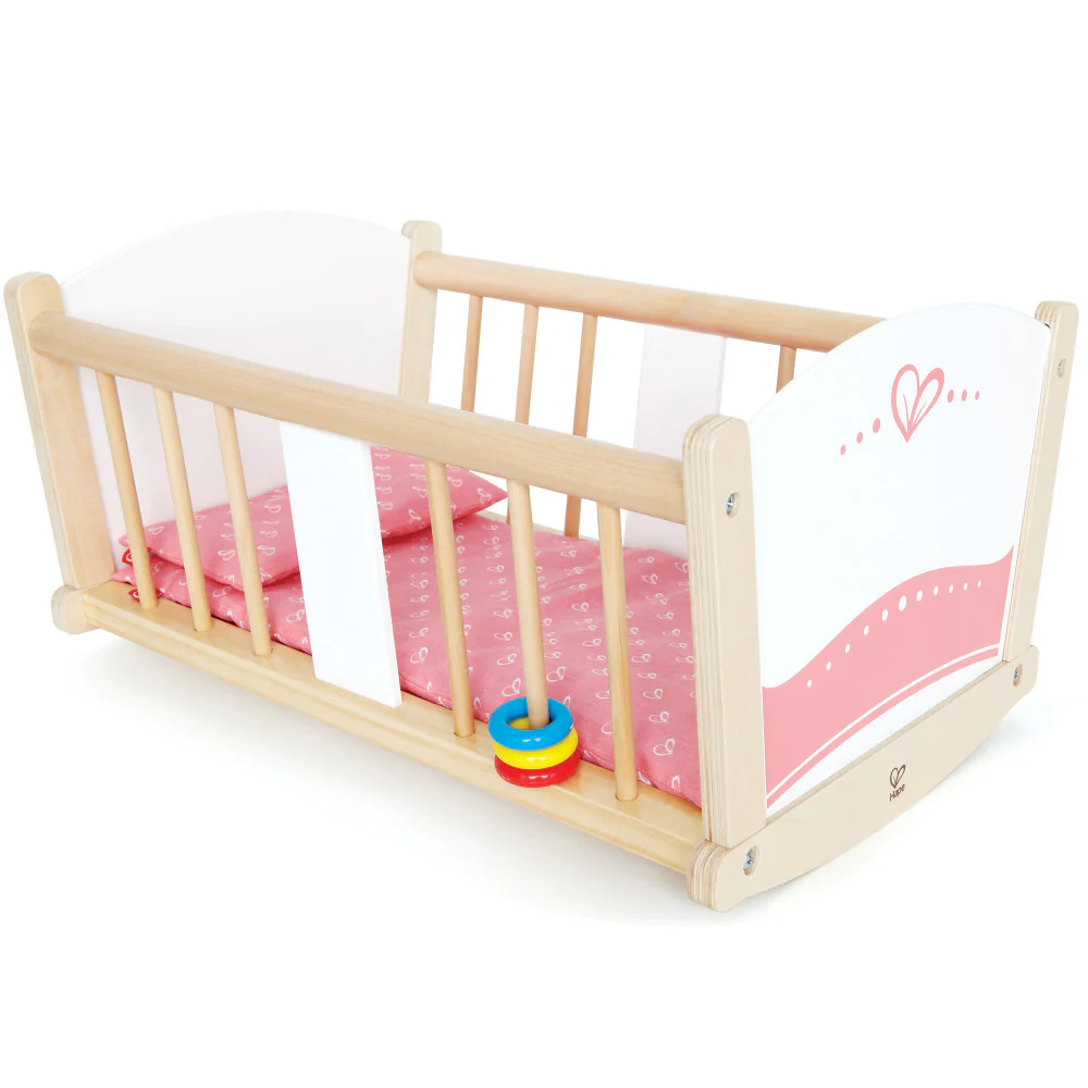 Hape Rock-A-Bye Baby Doll Cradle, Pink & White - Wooden Doll Cradle Playset - Image 4