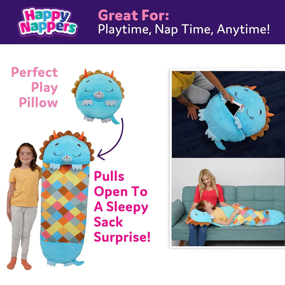 Happy Nappers Blue Triceratops Pillow & Sleepy Sack - 66 inch Large - Image 3