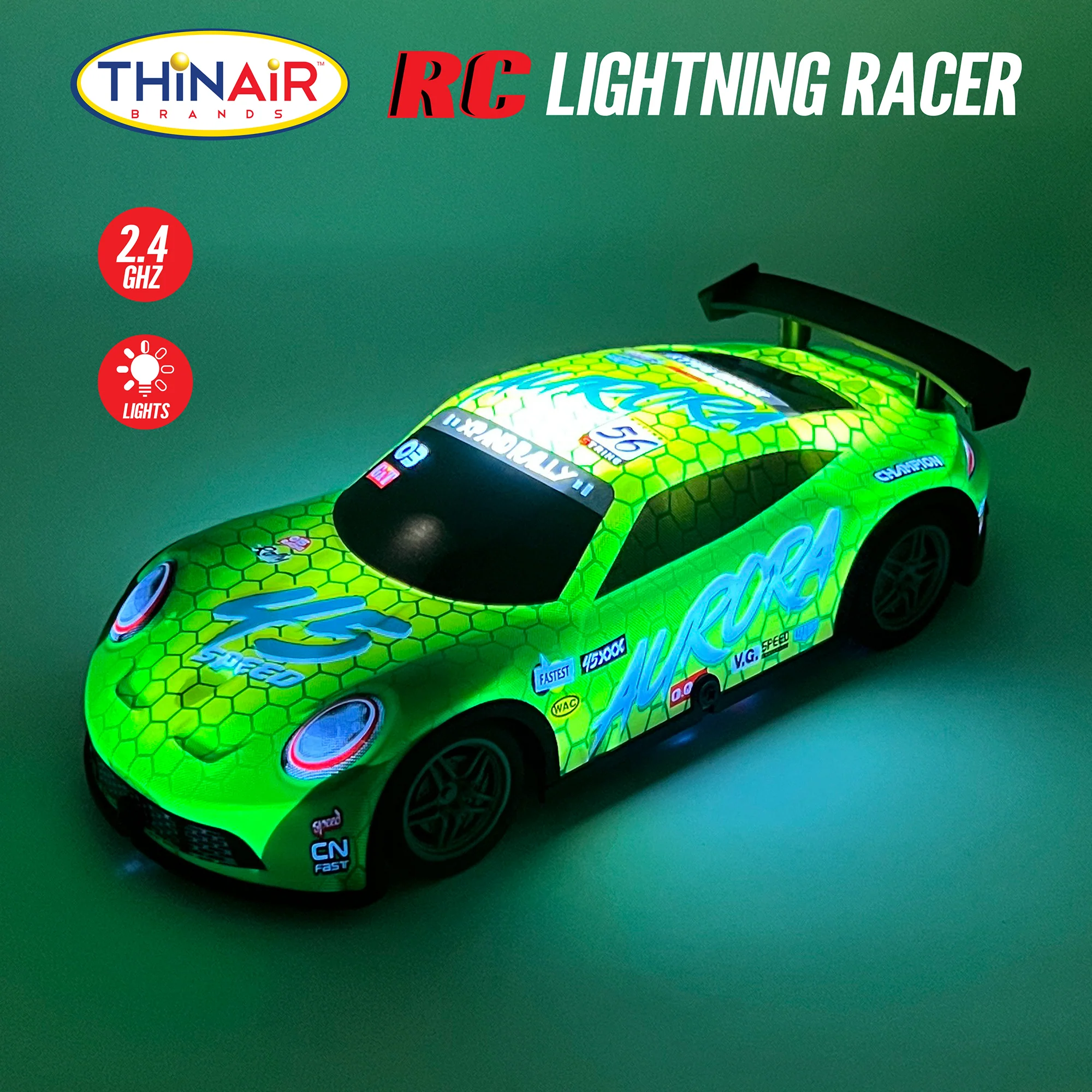 Hyper Drive RC Lightning Racer 1:40 Scale Radio Controlled Light-Up Car - Green & Yellow - Image 2