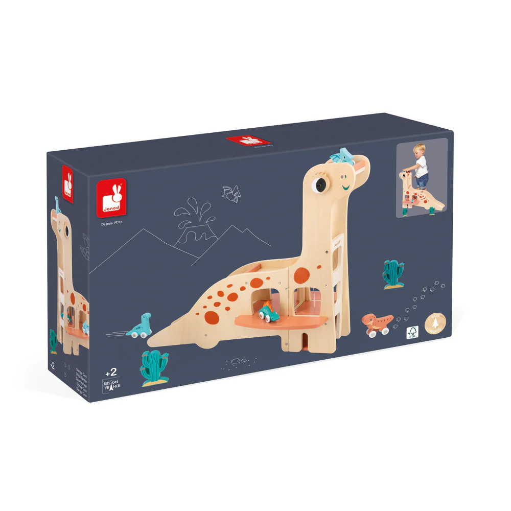 Janod Dino Diplodocus Themed Wooden Garage with Dinosaur Toys - Image 2