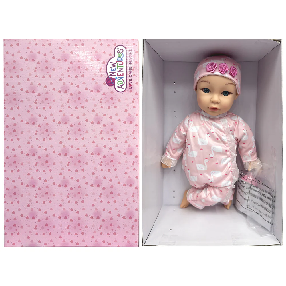 Little Darlings 14-inch Kiss N Tickles Baby Doll - Pink Swan Onesie - Image 7