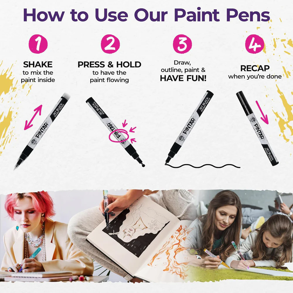 Pintar Acrylic Paint Marker Collection - Black, 12-Pack with Varied Tips - Image 3