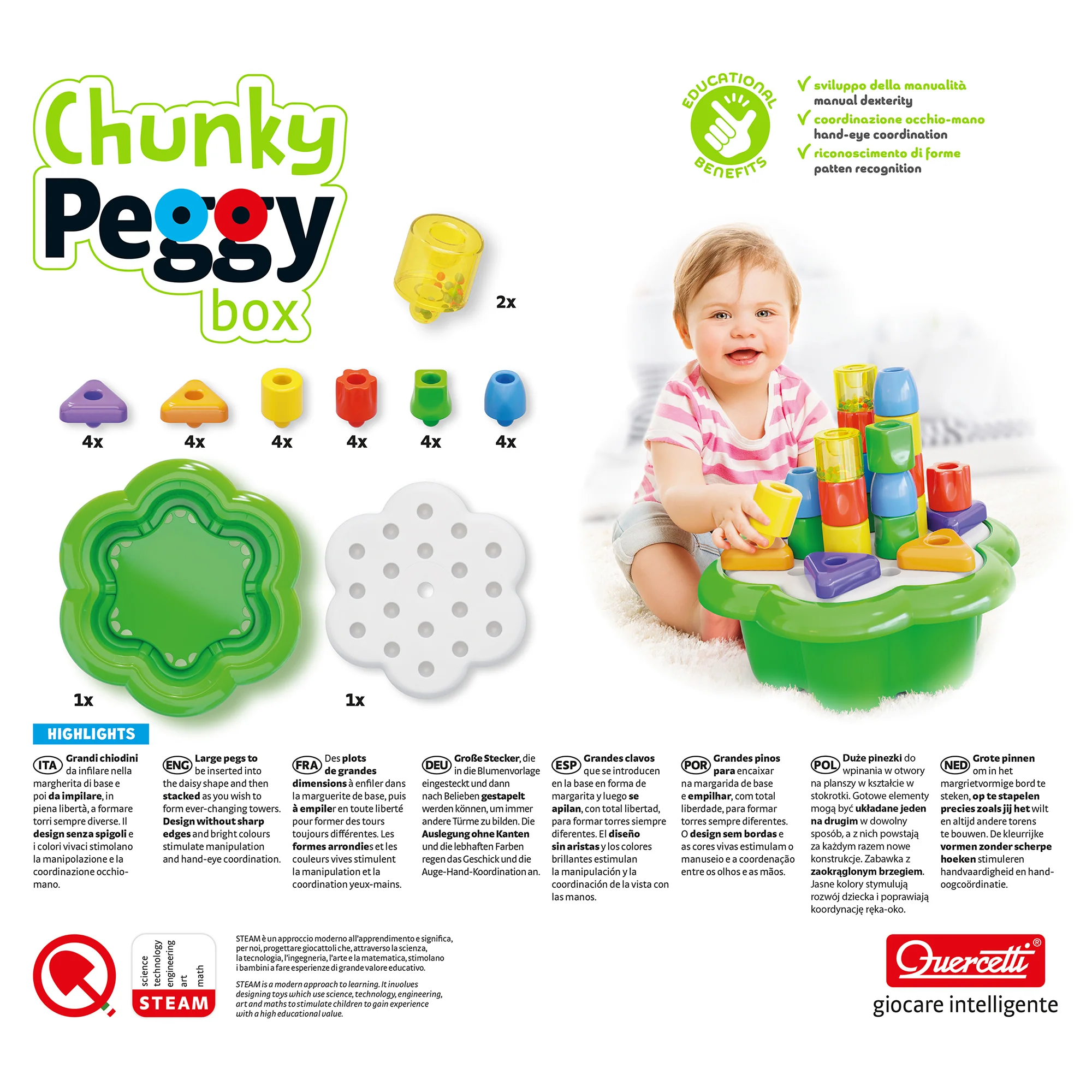 Quercetti Chunky Peggy - Colorful 28pc Shape Sorting Set with Rattles for Toddlers - Image 5