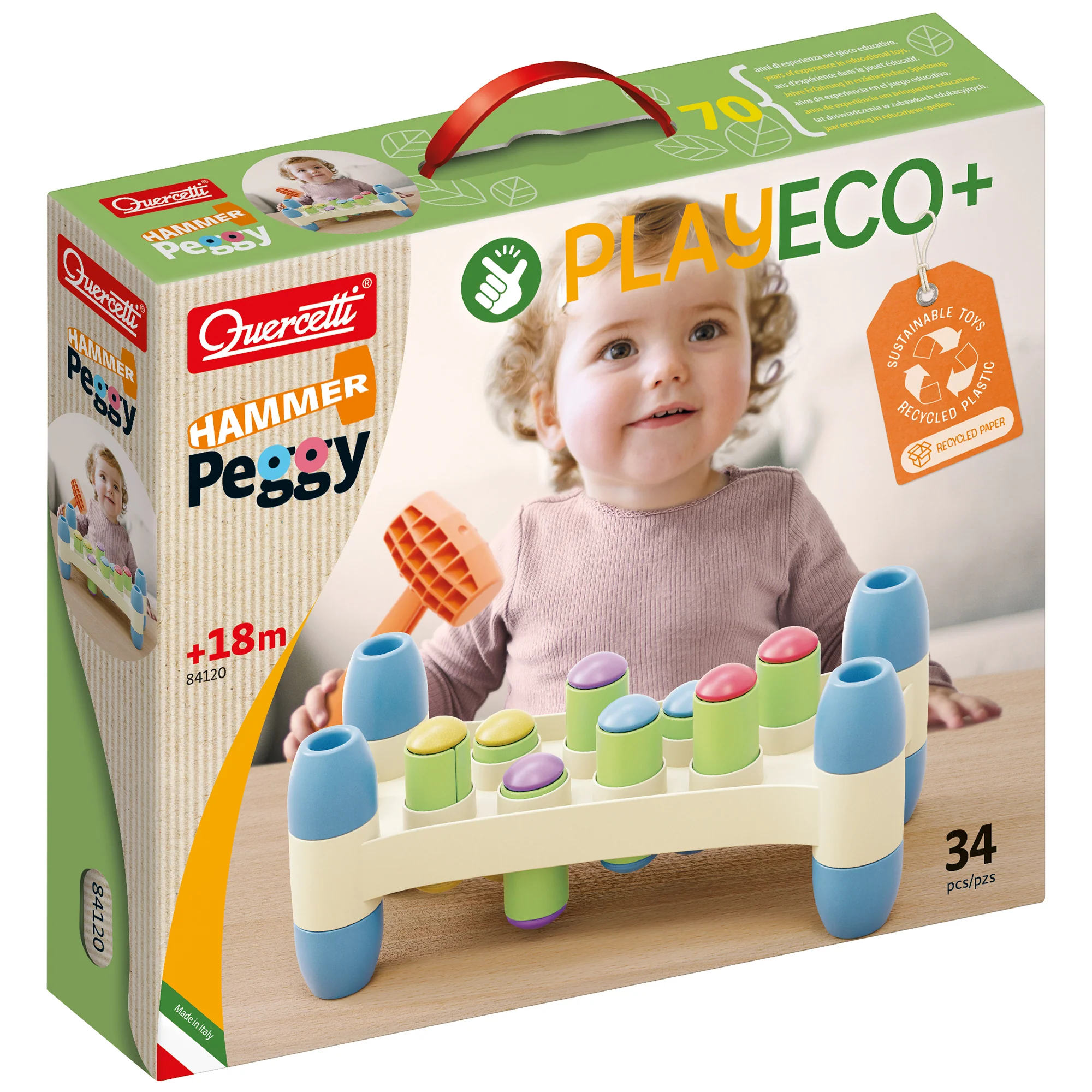Quercetti PlayEco+ Hammer Peggy - Colorful Peg Pounding Toy
