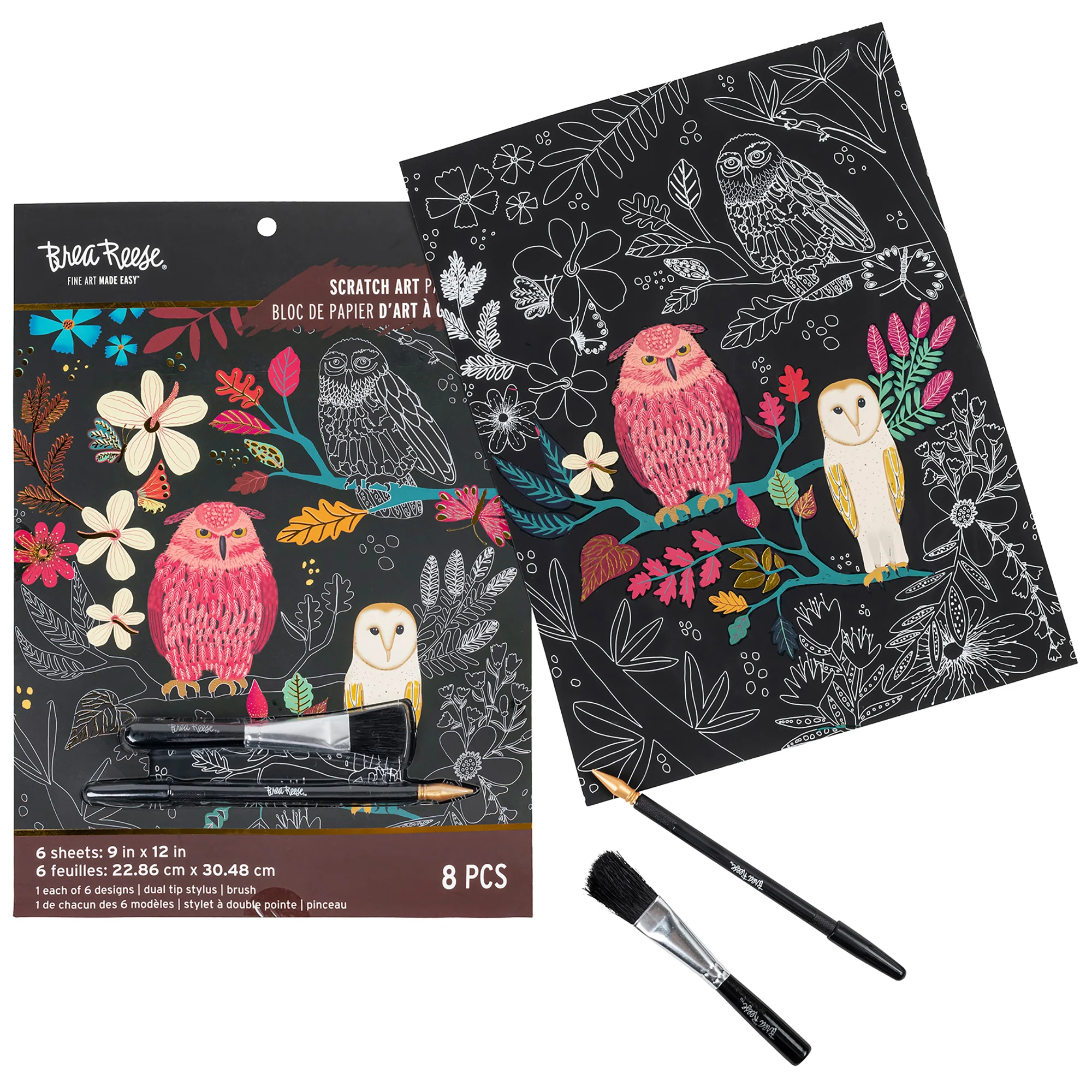 Brea Reese Scratch Art Paper Pad Owl & Moon 6 Illustrations With Stylus - Image 3