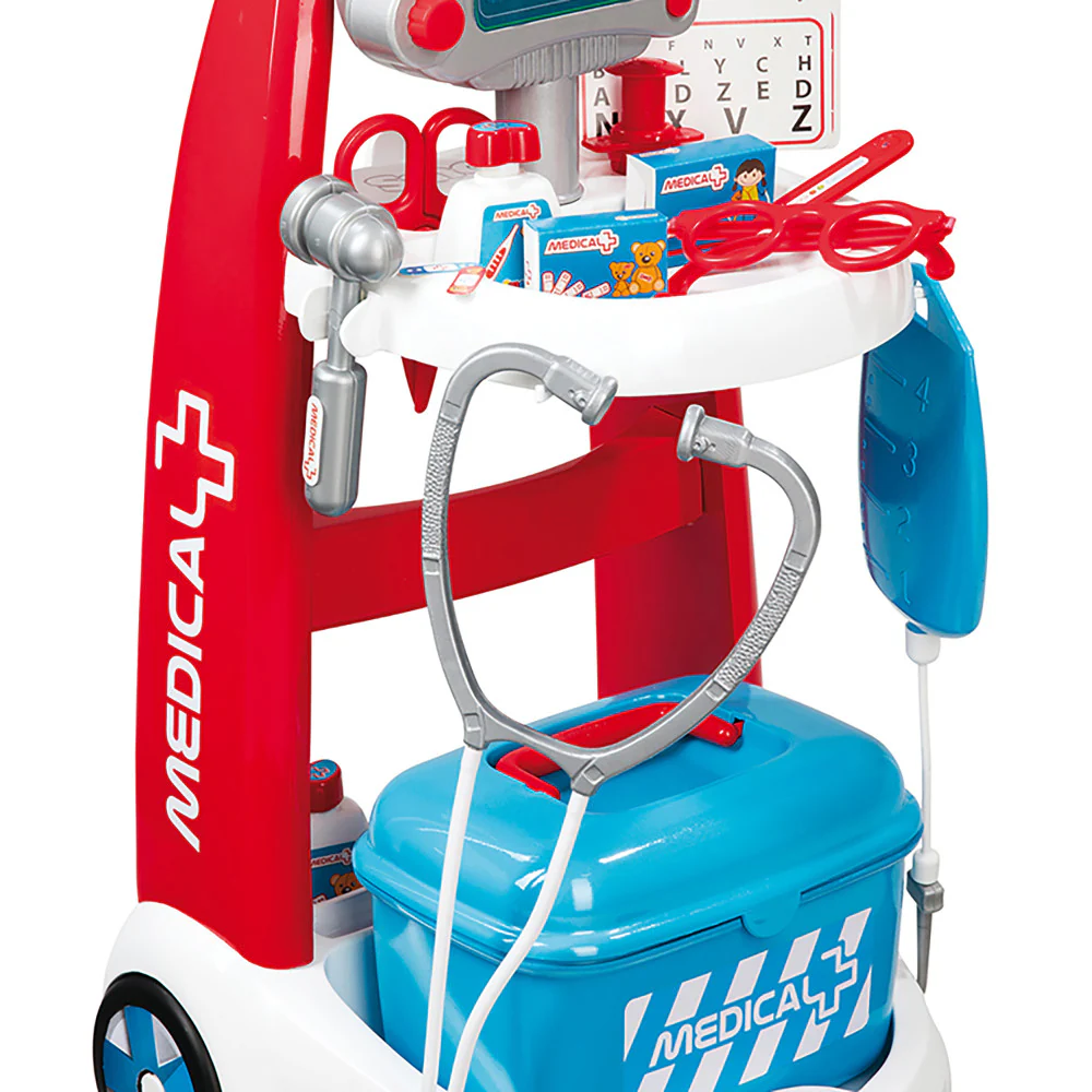 Smoby Doctor's Trolley Playset - Red-White-Blue with 16pc Medical Accessories