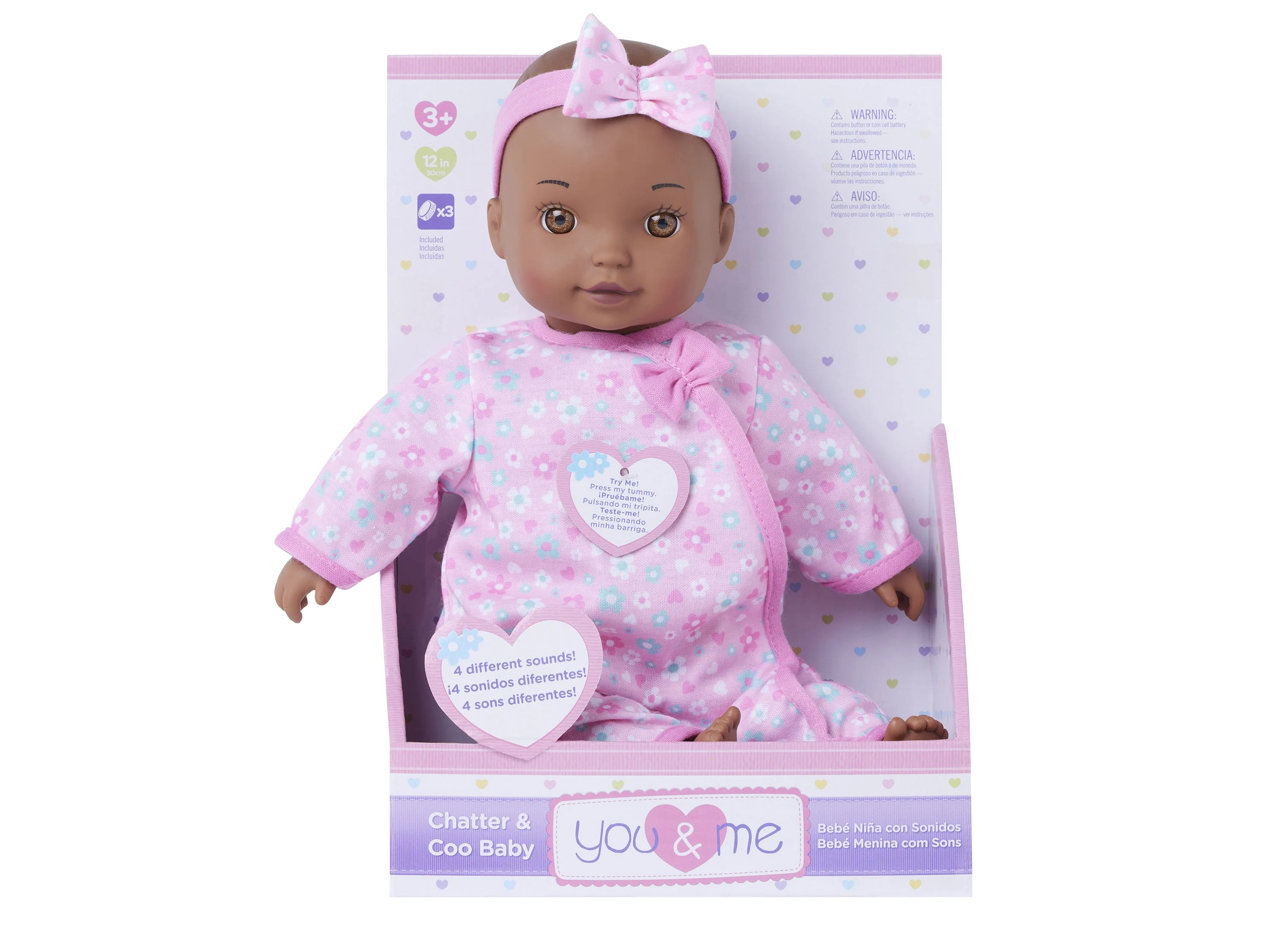 You & Me 12 inch Interactive Chatter & Coo Baby Doll - Pink Floral Sleeper - Image 3